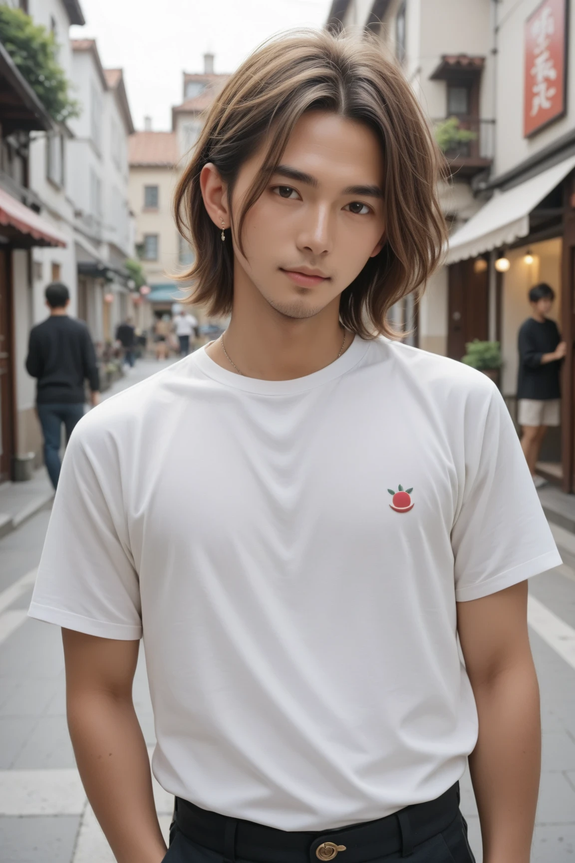 Highest quality, Ultra-high resolution, 1 boy, Redhead, Green Eyes, Short and thin body, Wearing a white shirt and shorts, ((Embarrassed look)), Strawberry field