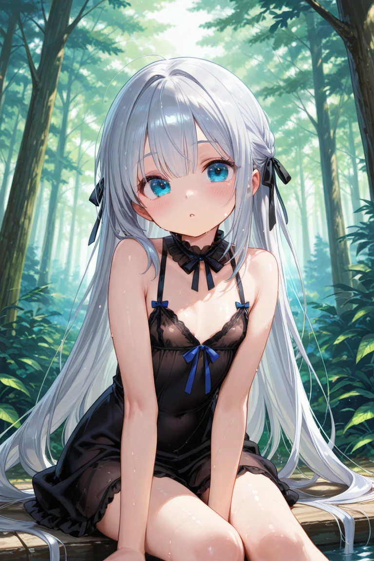 (8k, best quality, master piece: 1.2),super high resolution,1 girl, solo, colorshift eyes, hyperdetailed, expressive eyes, ultra-detailed face,Mori Girl、silver gray hair, Tropical Jungle, moisture, Ecstatic expression, Collarbone, cleavage, cowboy shot