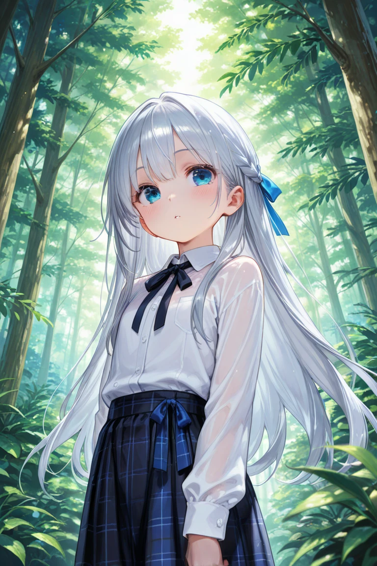 beautiful detailed girl,(masterpiece,best quality,extremely detailed:1.2),((cowboy shot:1.1)),(solo,10 years old,kawaii,slender,small breasts:1.25),(pained look:0.8),((white underwear) in ((Torn school uniform)):2),(dirty:2),blush,shy,weep,standing,(deep forest:1.5),(hug:0.4),rating: general, newest,Sexy face,(primitive:1.1)