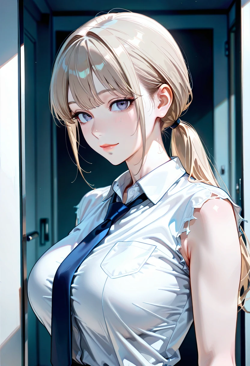 (((完美figure,figure,solo, White and tender skin,(((Cyberpunk,short-sleeved JK_shirt,short-sleeved JK_sailor,JK_suit,black necktie, grey skirt,white shirt,))),(((min-jijang, medium hair, blonde hair,blue eyes ,))),((masterpiece)),high resolution, ((Best quality at best)),masterpiece,quality,Best quality,((( Exquisite facial features,Looking at the audience,There is light in the eyes,(((Smile,confidence))),型figure:1.7))),(((Light and shadow,Huge breasts))),(((Looking at the camera,black background,))))
