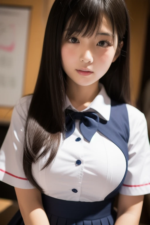 ((Highest quality, 8K, Tabletop: 1.3, RAW Photos)), Sharp focus: 1.2, (1. ASPA GIRL :1.1), alone, (Realistic, Realistic: 1.37), (Face Focus: 1.1), Cute face, Ultra detailed face, Brunette short messy hair, Small breasts, Flat Chest, thigh, Full nudity, (Take off your chiffon-like uniform: 1.3), Are standing, classroom, flower, lily