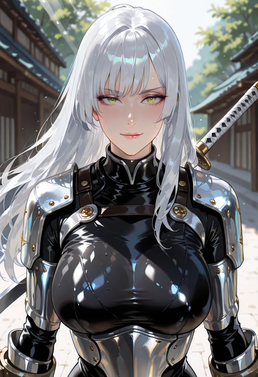 1girl as female in camouflage suit armor, shoulder pad, pike, solo, hand behind her back , long white hair, torso shot, perfect anatomy, large breasts, long hair, front view, shortstackBT, looking angry, in HNKstyle, 80's anime
