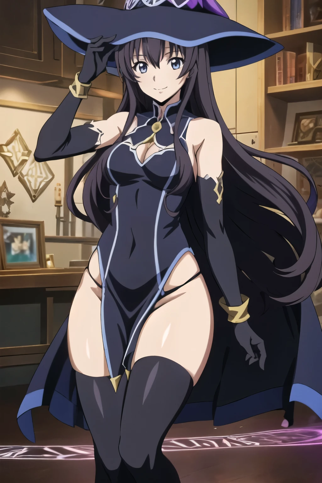 purple flower,hair flower,bangs,purple eyes,braid,mature female,makeup,eyelashes,hair over shoulder,black hair,fur-trimmed cape,black cape,two-sided fabric,fur trim,revealing clothes,large breasts,black dress,strapless dress,pelvic curtain,side slit,center opening,cleavage,navel,bridal gauntlets,detached sleeves,brown pantyhose,Exquisite visuals, high-definition,masterpiece,best quality,, 18yo,Young female,Beautiful Fingers,Beautiful long legs,Beautiful body,Beautiful Nose,Beautiful character design, perfect eyes, perfect face,expressive eyes, official art,extremely detailed CG unity 8k wallpaper, perfect lighting,Colorful, Bright_Front_face_Lighting,shiny skin, (masterpiece:1.0),(best_quality:1.0), ultra high res,4K,ultra-detailed, photography, 8K, HDR, highres, absurdres:1.2, Kodak portra 400, film grain, blurry background, bokeh:1.2, lens flare, (vibrant_color:1.2), (beautiful_face:1.5),(narrow_waist), ,NSFW,blush,smile, sitting, spread legs, cameltoe