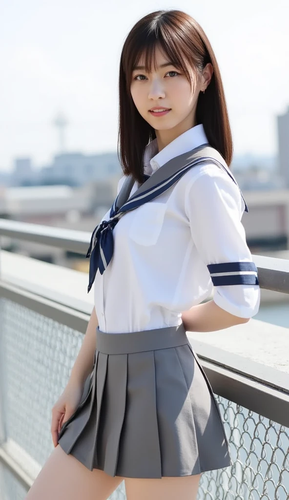 top-quality,ultra-detailliert,​masterpiece,realisitic,Photo Real,Bright lighting,1 girl in, an extremely beautiful 17-year-old girl, (kawaii:1.2),Thin smile,A dark-haired,(bangss),perfect glossy skin,flawless skin,((erotick,Sexy and sexually explicit)),((accurate hands without incongruity)), tiny chest,big breasts thin waist, Look at viewers,(a sailor suit),((Short sleeve uniform white shirt)),(red necktie),(Blue Mini Pleated Skirt),(((skirt lift by yourself))),(lifted by self),(Showing panties),panties on,panties focus,(Sit up,spread legswide), sockes, (Black knee socks),(Loafer shoes), during daytime,On the train,Horizontal long seat with your back to the window
