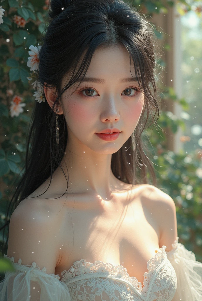 A stunning intricate shot of a beautiful happy asian bride is wearing white flower dress with big flowers,giant white peony flower behind of bride,sharp focus,natural lighting,subsurface scattering,f2,35mm,film grain
8k, best quality, Medium close-up, (Kebaya off-the-shoulder )、(luxury kebaya ),(top-quality,masterpiece:1.3,超A high resolution,),(ultra-detailliert,Caustics),(Photorealsitic:1.4,RAW shooting,)Ultra-realistic capture,A highly detailed,high-definition16Kfor human skin, Cute and lovely chinese girl, realistic, ultra detail, photo realistic, Increase quality, standing in a garden with a scarf, winter forest , (large breast), (cleavage ), close-up shot, mouth,dark-haired, long hair, (depth of fields、chromatic abberation、、Wide range of lighting、Natural Shading、)、smile
