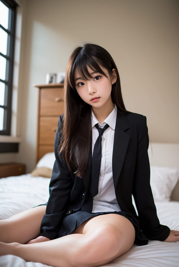 (masterpiece:1.3), (8K, Photorealsitic, Raw photography, Top image quality: 1.4), Classy elite girl sitting on a park bench, Phenomenally cute face、wearing japanese school uniform, Wear ultra-realistic pantyhose、japanese girl school uniform, Japan school uniform, wearing headmistress uniform, Young Pretty Gravure Idol, photograph taken in 2 0 2 0, dressed as schoolgirl, Wearing school uniform, Wearing a strict business suit, Young skinny gravure idol, Seifuku、Full-length and black stockings, pantyhose tights, Complete legs, 19-year-old girl, 1 8 I, large full breasts。Posing in the bedroom, nylon tights, Leg and thigh shots, Posing in bed, wearing in stocking