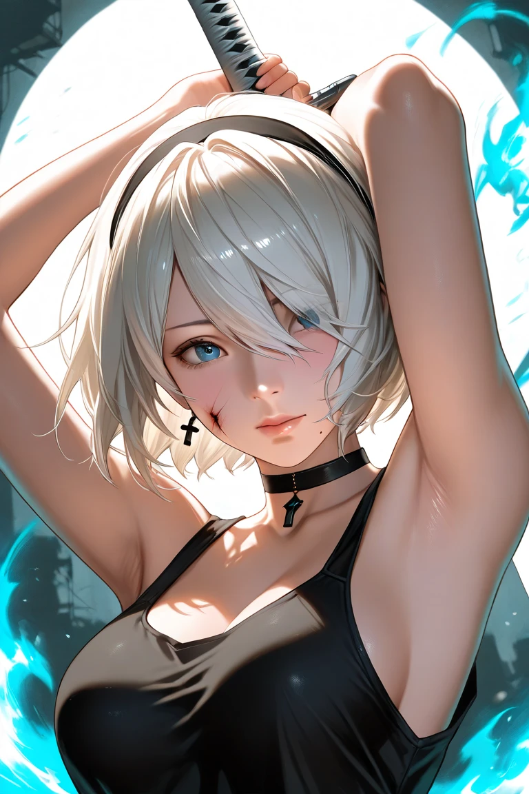 (masterpiece, best quality, ultra-detailed, best shadow), (detailed background,dark fantasy), (beautiful detailed face), high contrast, (best illumination, an extremely delicate and beautiful), ((cinematic light)), hyper detail, dramatic light, intricate details, (1 girl, solo,white hair, sharp face, blue and red eyes, hair between eyes, dynamic angle), swirling black light around the character, depth of field,black light particles,(broken ice),magic circle,cat girl,short hair, xenoblade, (heterochromia),cat ears, freckles, dynamic pose