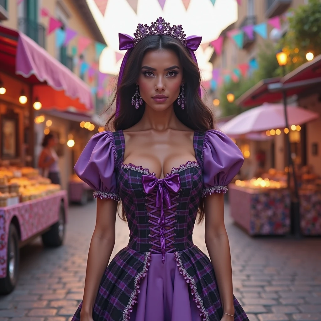 masterpiece, reality, 4k, (medium full shot) of (enchanting harlot) young woman, black american, dark skin, light brown eyes, Medium build, medium ginger pigtails hair, wearing a purple velvet corset, hoop skirt, fishnet stockings, buckled shoes, pearl necklace, rosy cheeks, ornate hairpin, set in the 18th century, in street, busy market scene with vendors selling various wares, colorful banners fluttering in the breeze, the aroma of fresh bread and spices, townspeople mingling and haggling, during twilight, woman smiling