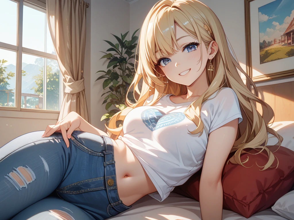 ((masutepiece)), ((Best Quality)), (Very detailed), Real from Thailand, 8K, pixiv top quality, Potato, ((Low side tail))、a blond、(Bring out your forehead:1.2)、Very long hair、Amae Face、Relax Smile, Open mouth, Cute, Bedroom at night、White Backless Camisole、Blue shorts、 Teenage, medium boobs, on the beds、(natta:1.3)