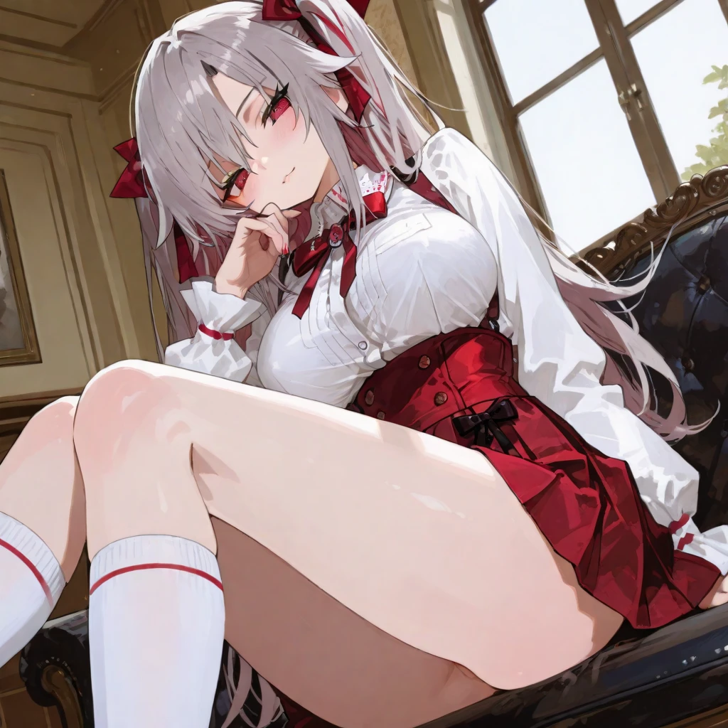 (((A Masterpiece、maximum quality、High resolution1.4)))、all over the body、black-thigh-highs、Big big tits、Beautiful legs、(medium shot)、White background、Sit on a chair、Grown-up、Bewitching look、Arms behind your head、Landscape、Long blonde wave、Dressed in a pink sailor suit、Red miniskirt with red collar、Red ribbon、(((Delicate face 1.4)))、Beautiful anime schoolgirl。
