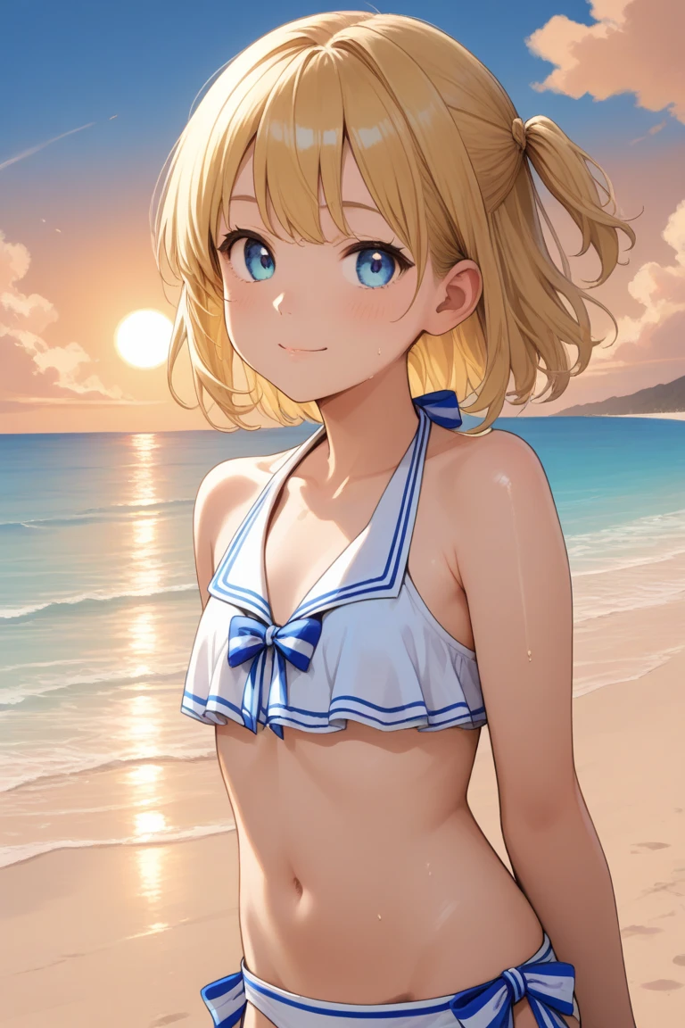 MASKING, 1girl, solo, looking at viewer, smile, short hair, blonde hair, brown eyes, yellow eyes, black bikini, high quality, solo, night sky, beach, arms behind head, contrapposto, closed mouth, spread armpits, (cowboy shot:1.5), looking at viewer, grin, best quality,