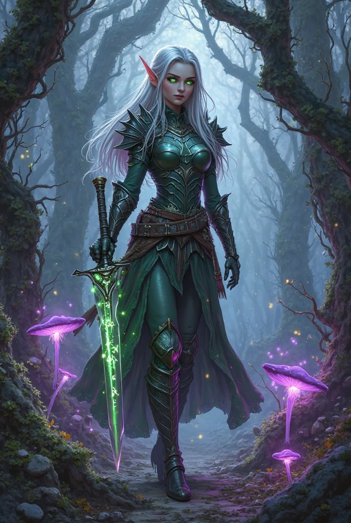 Kieran in the Forest of Valenwood:"A young hybrid character, with a mix of elf and demon features, standing in a lush, magical forest. The character has pointed ears, a lithe build, and glowing eyes, with one hand emitting a faint blue aura of magic. The forest around is filled with ancient, towering trees and soft, mystical light filtering through the leaves."