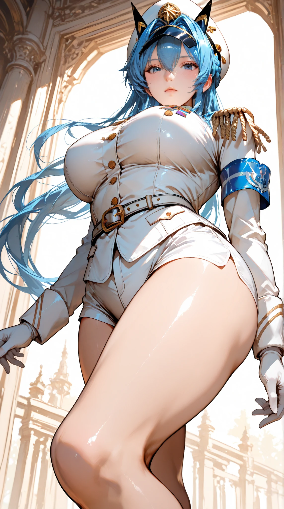 big breasts beautiful, Young woman, In the crystal and ice zone, drifting snow, ride horse, White hours, Gradient hair, White hair, white hairs, twintail hair, eyes reflection, disdain, Ray traching, reflective light, blurry, Glowing light, depth of fields, lightand shade contrast, stereograms, zoom layer, cowboy lens, f/2.8, Bokeh, tmasterpiece, best qualtiy, high qulity, k hd,White stockings