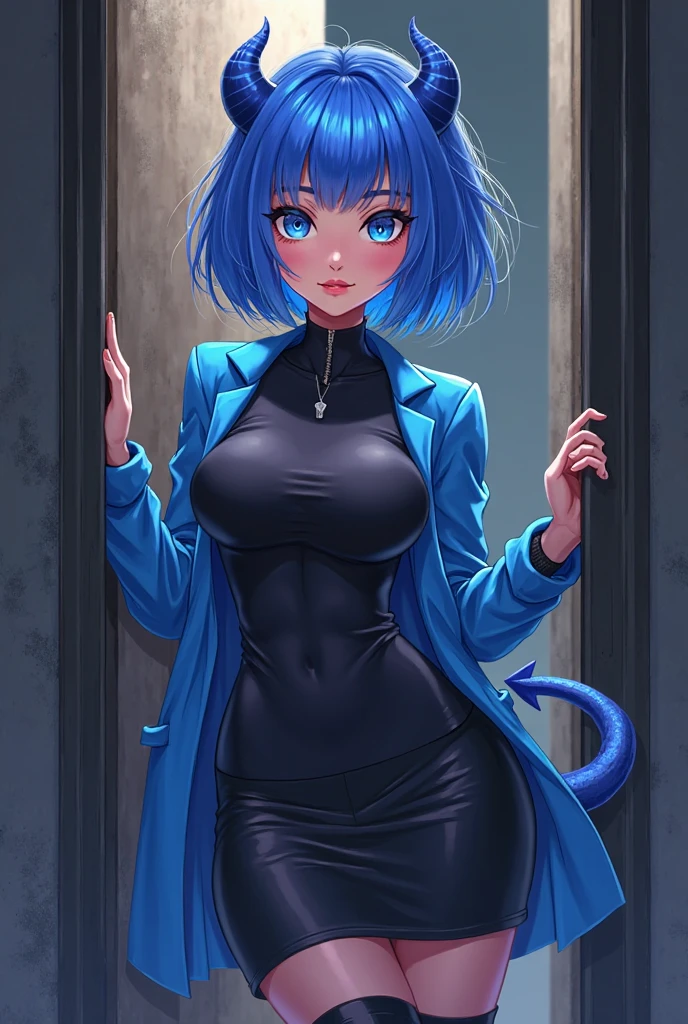 A anime cat girl. Shes standing up laying on a wall she has knee high net socks, black shoes, black hoodie, blue tail, Blue hair and blue cat ears, she has spiky wrist bracelets to. Her hoodie is sort of off revealing her left elbow and her bra strip. She has short black shorts on.