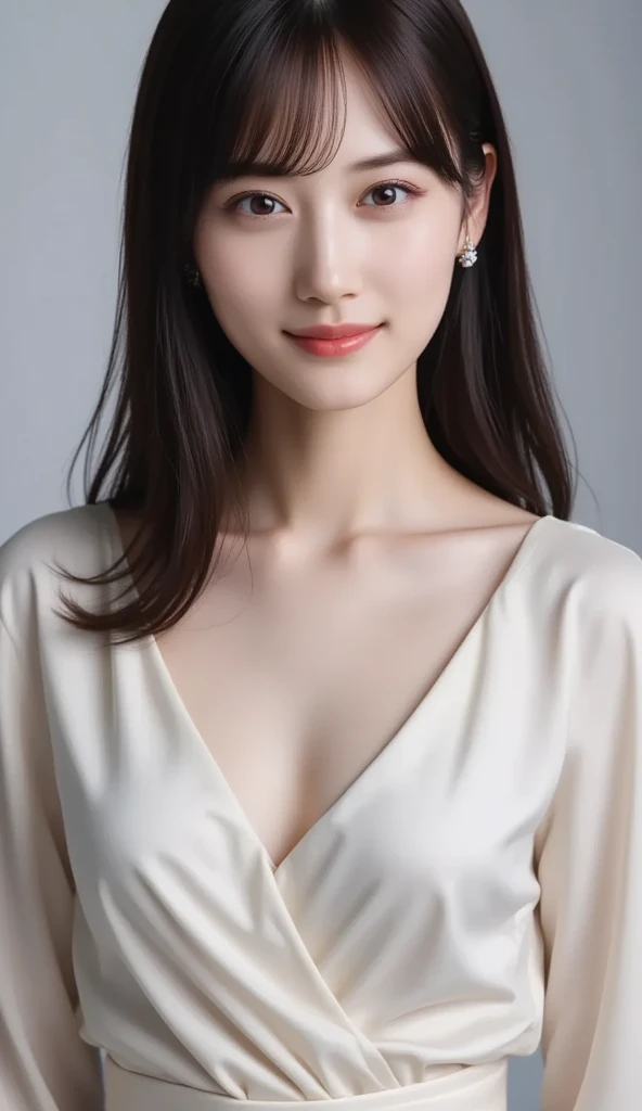 30-year-old woman, Chest Shot, Iris, Black Hair, Warm Background, Grin