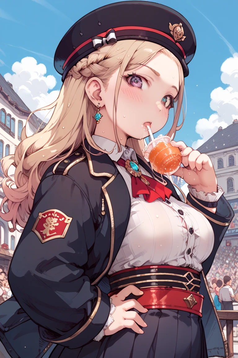 masterpiece, best quality, <lora:ludmilla-nikke-richy-v1:0.85> ludmilla, ushanka, fur hat, large breasts, <lora:gmuniform2-nvwls-v1:1> gmuniform, garden, sitting, table, chair, looking at viewer, smile