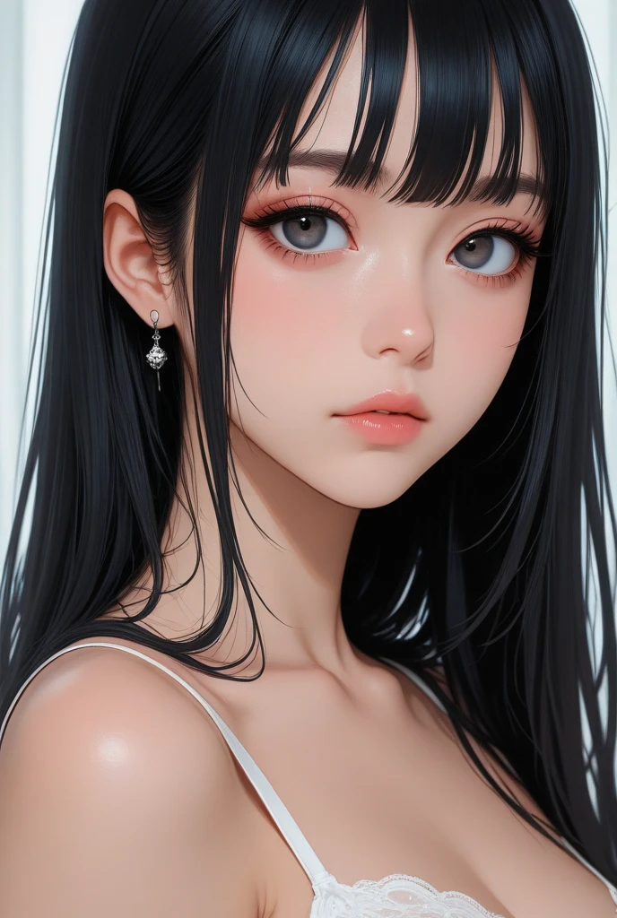 ((best quality)), ((masterpiece)), (detailed), perfect face. Black hair. Anime girl. Ulzzang. Asian girl. Black eyes. Small breast. Nipple. Tanktop.
