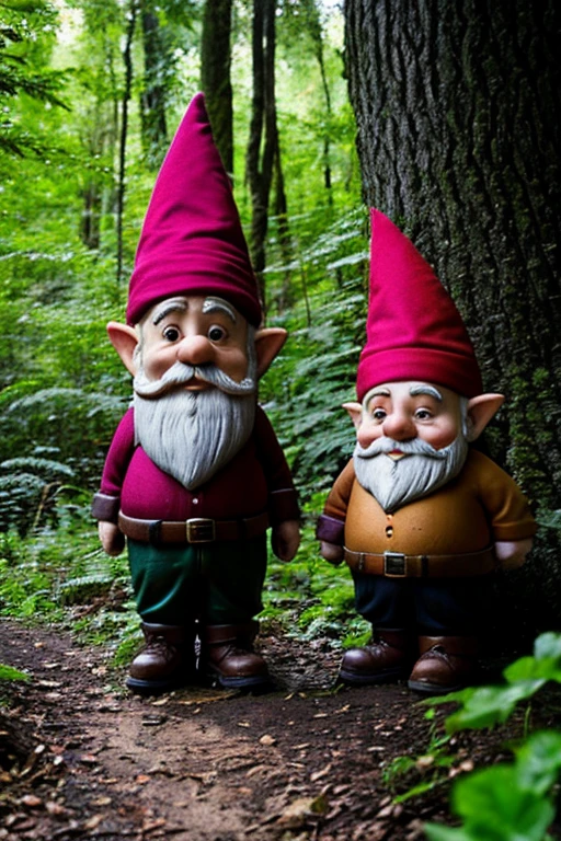 A lime gnome with a staff and beard in a gloomy forest next to a mushroom
