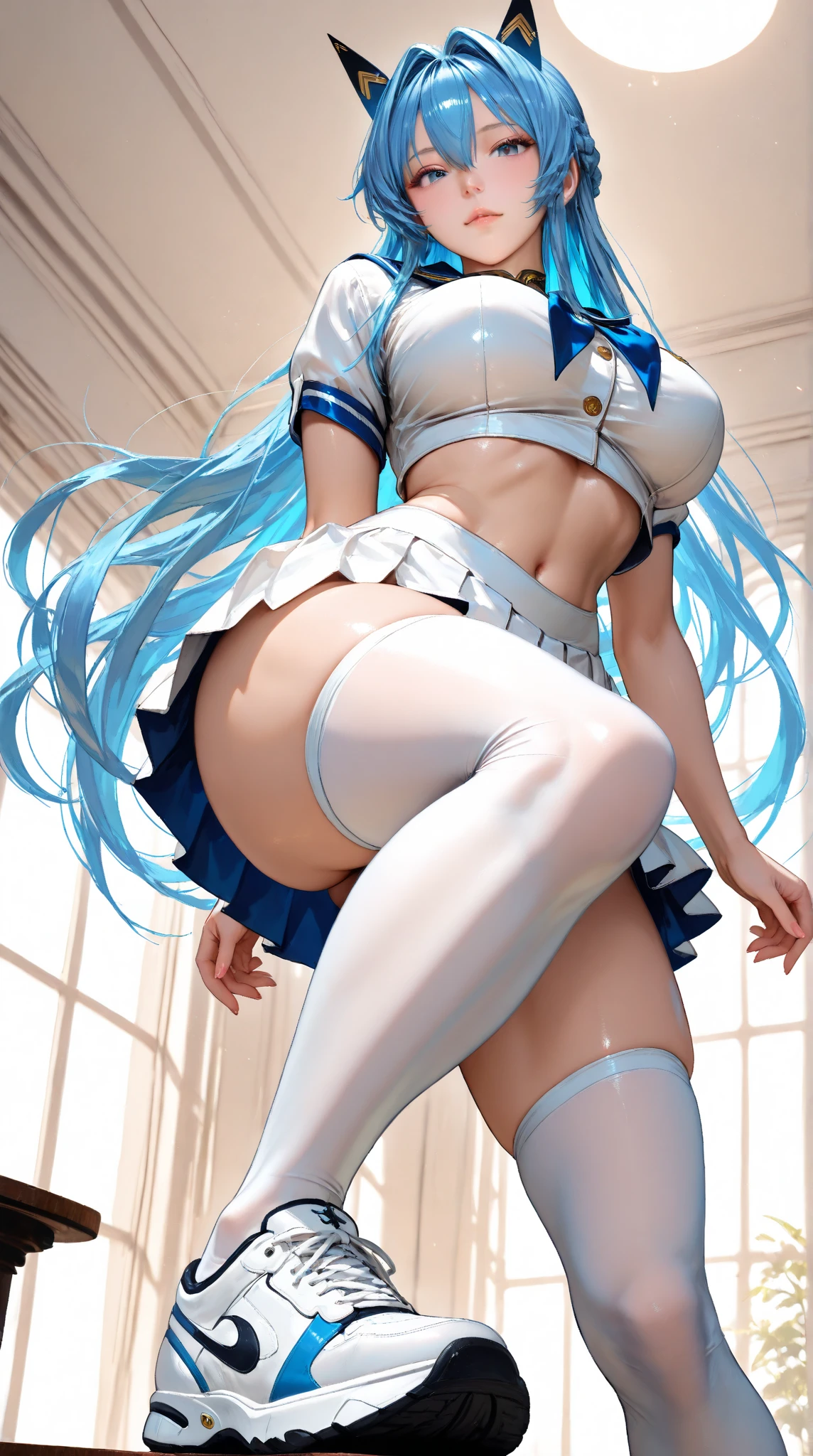 beautiful detailed girl, 1girl, detailed white hair, detailed blue eyes, detailed small perky breasts, detailed tight firm butt, short white pleated skirt, blue panties, button up shirt, sailor cap, extremely detailed, realistic, photorealistic, ultra-detailed, 8k, masterpiece, dramatic lighting, vibrant colors, cinematic, fantasy, ethereal