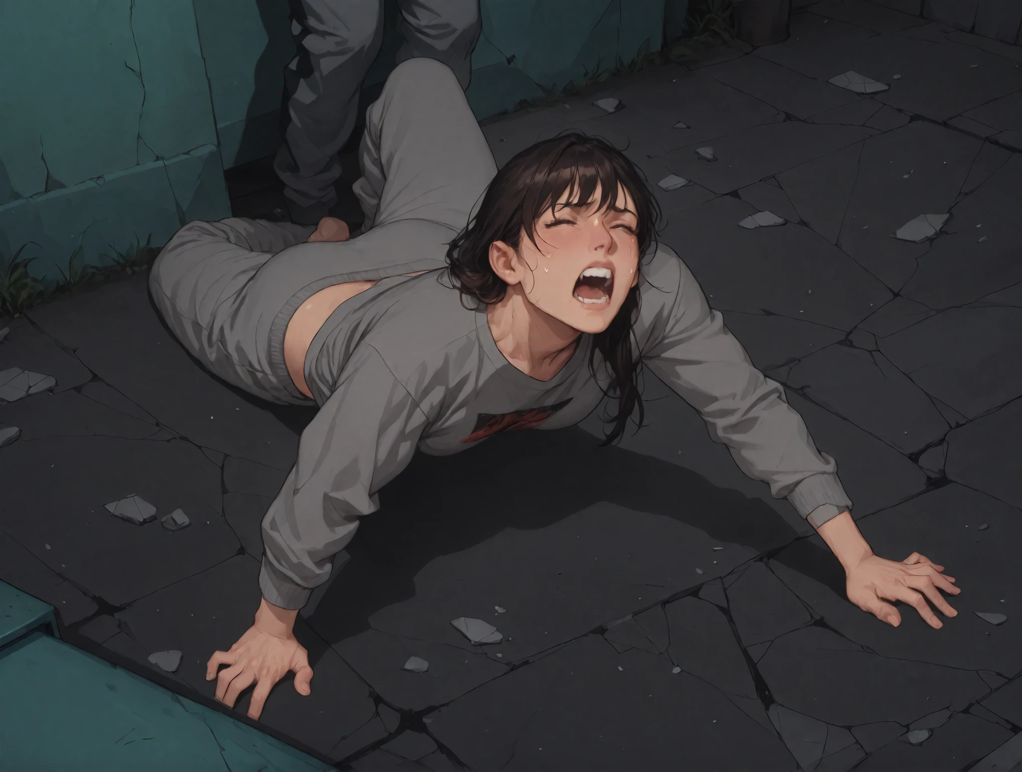 A man in grey sweatpants and swestshirt is trying to crawl away, he is in pain, cracked pavement, detailed, perfect face