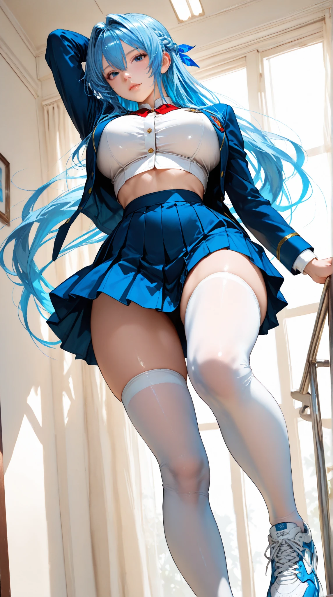 4K realistic,15 year old girl,Long powder blue hair,Light blue JK skirt ,White shirt,Blue lace panties appear,White suspender stockings,wide blue eyes,The panties were blown up by the wind