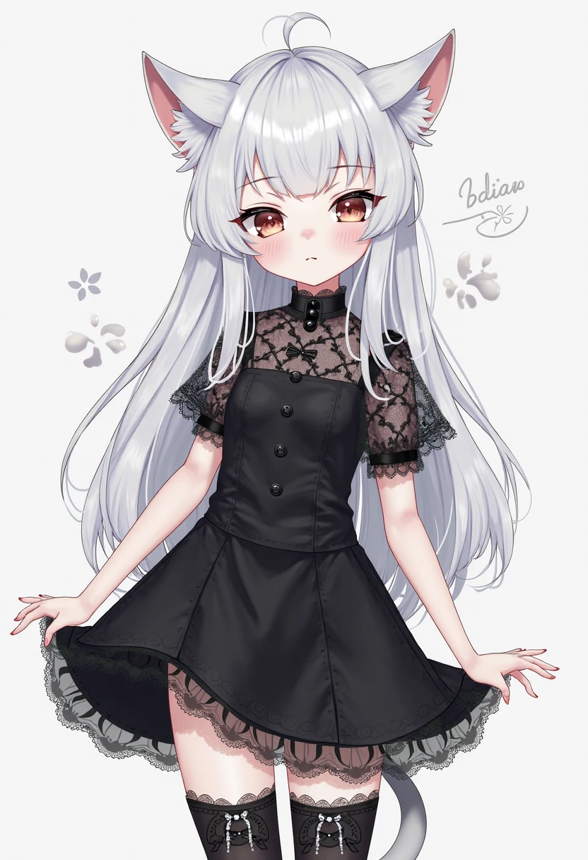 1girl, petite, furry, white hair, white skin, fox ears, black eyes, black dress, black tights, expressionless, black hairpin, jewelry, digital art, transparent dress