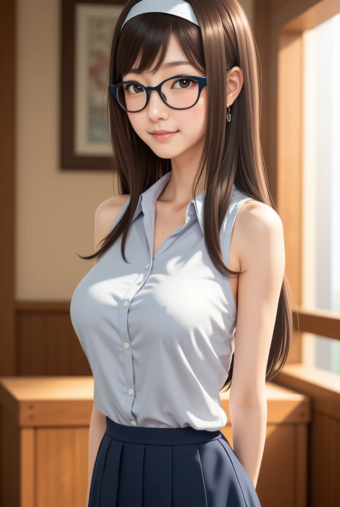 top-quality、Young glamorous woman of asian descent、One Woman、White shirt、Look here、infp young woman、a very beautiful woman、It looks like it was taken with a SLR camera、Realistic photo-like、Brown-haired woman、Cleavage is seductive、masutepiece、8K image quality、Delicate photo quality、The whole body is reflected、Bursting smile、Lovely smile、Racy poses、The best smile、Beautiful skin、home tutor、eye glasses、governess、Tell me、a miniskirt
