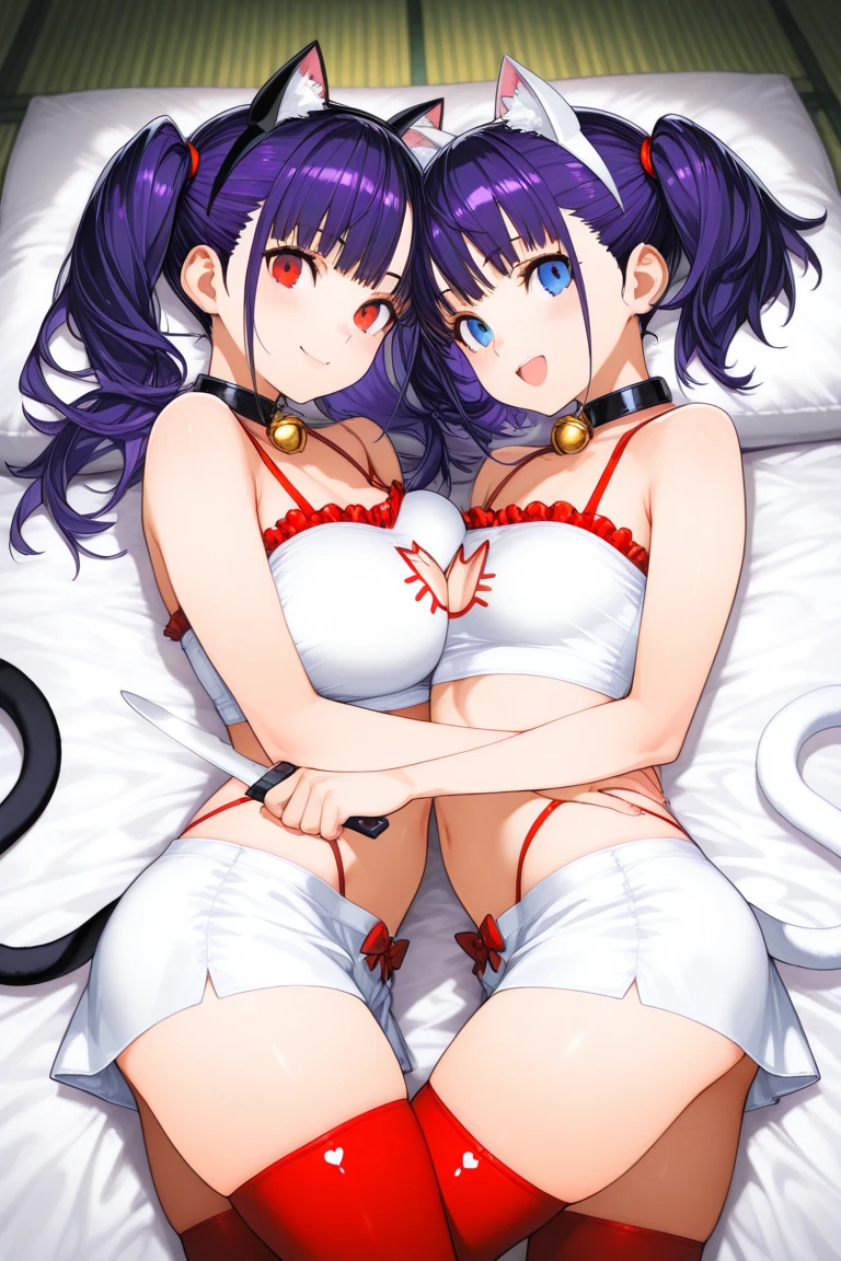 masterpiece, high resolution, high quality, bedroom, night, 2 girls, (black kimono, purple hair ornament, big, cat ears, floral, red eyes, black hair, ponytail), seduction, NSFW, (white kimono, red hair ornament, big, cat ears, floral pattern, yellow eyes, white hair, twin tails), goh, kissing