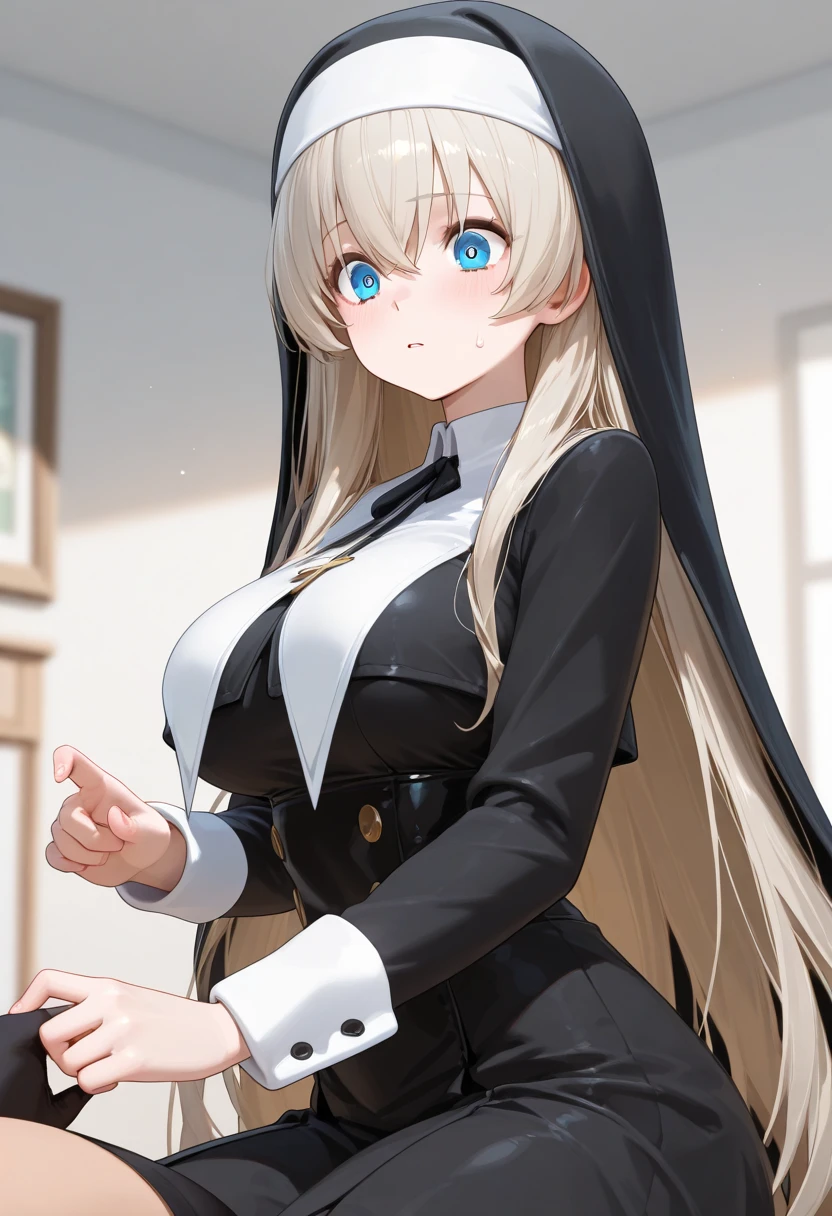 (masterpiece, computer, mejor quality, Clear focus, shadow, anime style, Ultra High Resolution, 8K, perfect anatomy, rostro perfecto, (detailed face), ( Detailed eye ), score_9, score_8_up, score_7_up, score_6_up, score_5_up, score_4_up, source _Animated, Label 1, Label2, quality_masterpiece, Anatomically Correct, beautiful face, rostro perfecto, Beautiful and highly detailed face and eyes, Attractive face, detailed face, delicate facial features, detailed leather, huge breasts, breast size cup D or DD, caderas anchas, gigantic butt texture, thick thighs. anime style illustration with a charming and attractive appearance, With long hair, of blue tones. She wears the outfit of a servant or butler, that includes a white dress with black details and an apron with decorative trims. Besides, she wears a black veil with white details and a bow, that partially covers his hair . Her eyes are a shade of pink, and her expression is somewhat shy or thoughtful, as she crosses her arms around her torso. On her hands she wears dark gloves, and a soft and warm environment is observed in the background, with details of what looks like an elegant castle or residence.