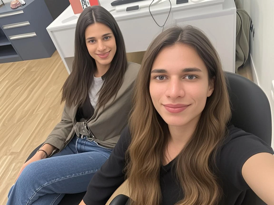 A 6-year-old girl sitting in a detrous chair of an office wearing a black jacket, a braca blouse and a calsa jeans image of the whole body distant image