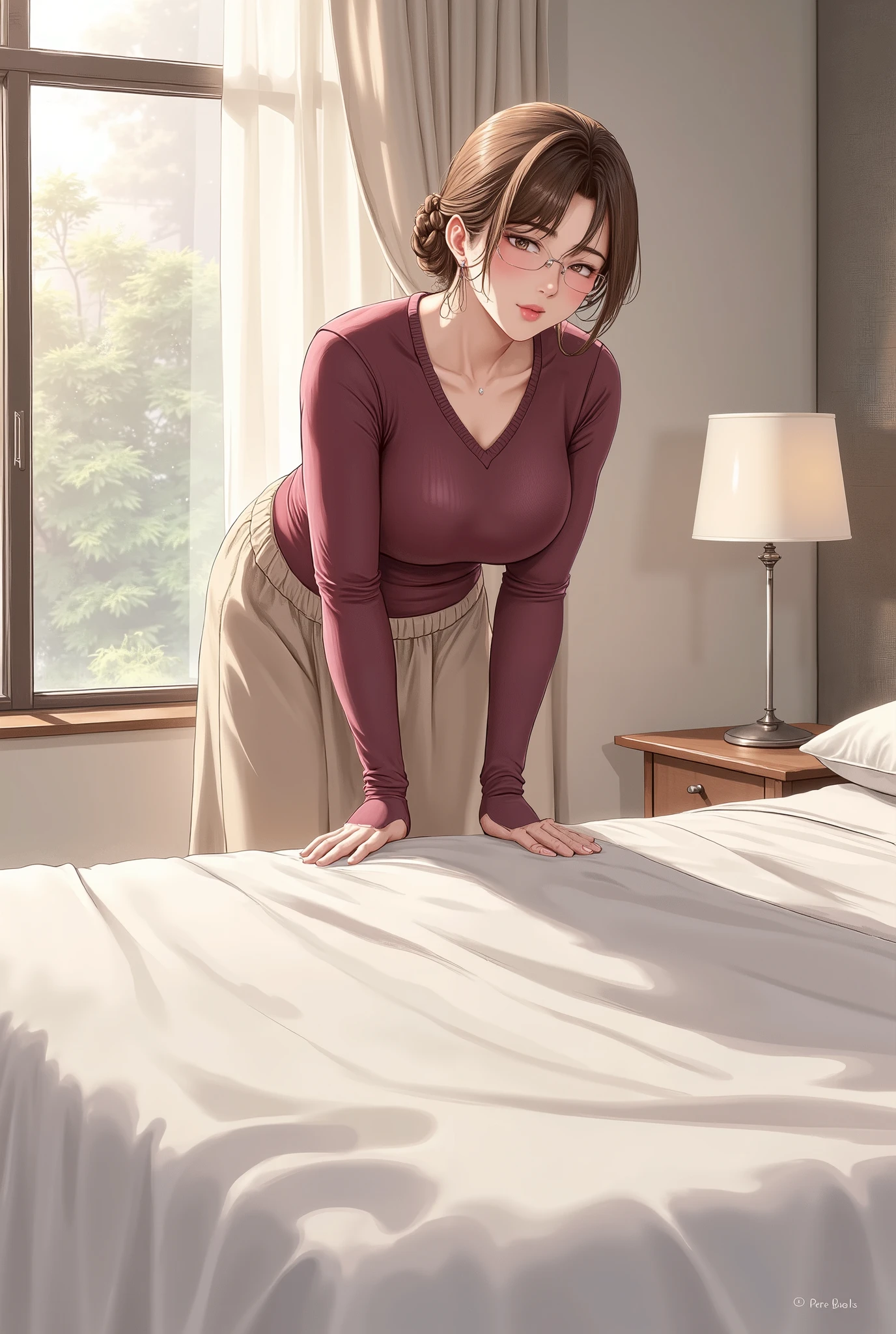 Anime style inspired by Oda Non.
A calm, mature Japanese woman in her 50s is standing on the other side of the bed. She is looking across the bed so that the bed is completely between her and the camera. She is leaning forward slightly in a calm pose, as if leaning against the side of the bed to check on someone or to call out softly. A young man is lying on the bed, only his body from chest to knees is in the frame. His face is hidden outside the frame, completely obscured. sThe young man's crotch is bulging with a morning erection, and the woman is blushing and staring shyly at it. Her chestnut brown hair is neatly tied back and gathered at the nape of her neck in a simple, elegant style. The woman is wearing a modest wine-colored v-neck knit sweater and a long beige flared skirt. The morning light softly shines into the room, accentuating the textures and casting subtle shadows. The atmosphere is quiet and intimate, capturing a peaceful family morning. The painting is rendered in an animated style inspired by Oda Non, with soft tones, natural room lighting, realistic depth of field, and a high attention to detail in materials and emotions.