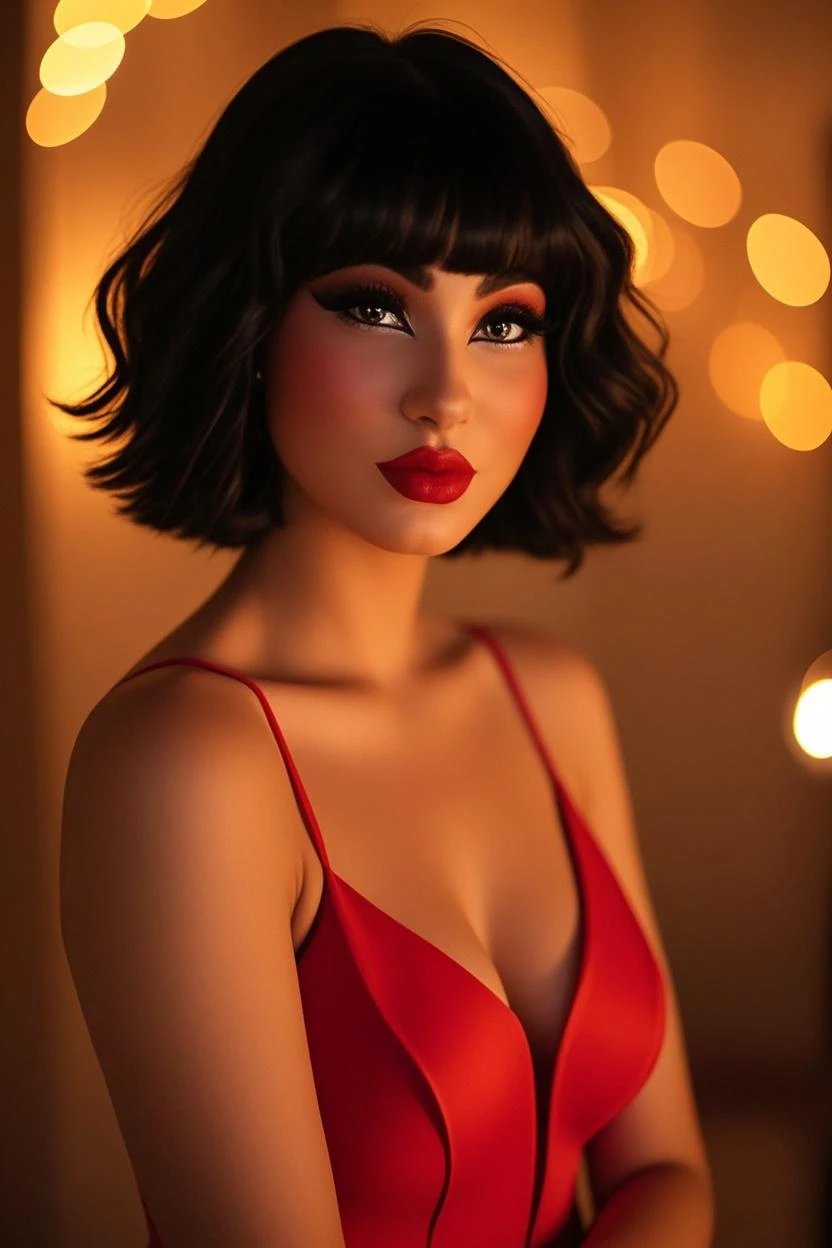 Create a female; Her name is Adelyne Fleur Klein. She has a short black hair with full bangs and red eyes framed with a red eyeliner. And she has a mole under the eye of her left cheek. She wears a pink elegant dress. She is very emotionless