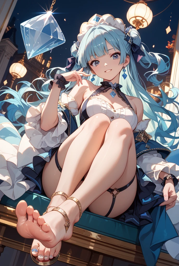 hands back, sexy pose, horny smile, light blue short-sleeved shirt, woman, big breasts, white dress, light blue belt, small floral print, light blue pointed high heels, white tights, white wide-brimmed sun hat , best quality, masterpiece, illustration, extremely delicate and beautiful, extremely detailed, amazing, finely detailed, masterpiece, best quality, official art, high resolution, extremely detailed, beautiful detailed woman, thick legs, big thigh, beautiful detailed eyes, light on face, background scenery, beautiful day, lighting, interior