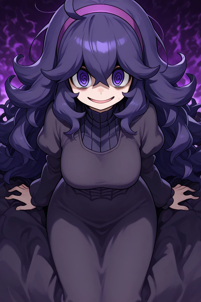 hexmaniacms, hex_maniac_\(pokemon\), 1girl, solo, standing, (huge breasts), long sleeved turtleneck sweater dress, purple clothes, taut_dress, evil, smile, purple_eyes, shiny_skin, cowboy_shot, (dark forest), night, crazy_eyes, (shaded_face:1.3), clothing_cutout, night_sky,