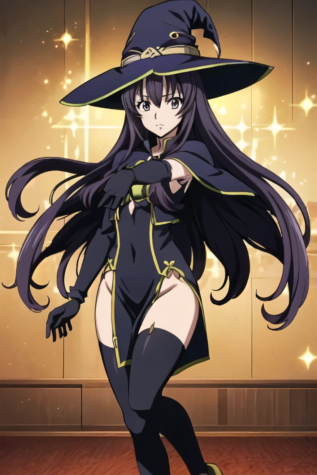 from side, 1 girl, (black long hair), serious face, ((slender, slim)), full body,  (Magic Circle, Dazzling magic effects,  surrounded by blue aura), (((dark colored witch long cloak, dark colored witch hat, dress, elbow gloves, black tights))), beautiful slim thigh, ((Standing on one leg, Beaming hands thrust forward, fighting, dynamic posing, Casting a spell)), (Anime style, masterpiece, best quality , High Resolution , anime color , Anime style, sharp, 8k, realistic), digital animation art!!, anime style, Official Artwork , visual novel CG, 