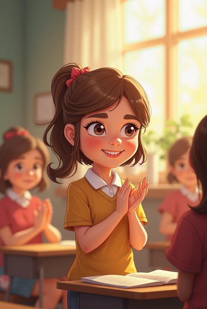 Make a caricature as a perpetualite striving to live as a perfect student, good child, righteous christian. Consider the factors that make you whole. (gender: girl) (bg: school) (Make the girl happy)