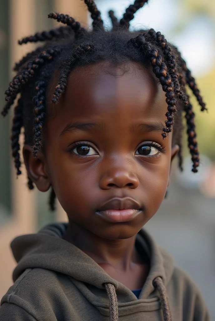 portrait of a young african girl, really short hair, (brown eyes:1.2), chubby, messy hair, black pull over, over her shoulders, happy, grayscale, black and white, high contrast, detailed facial features