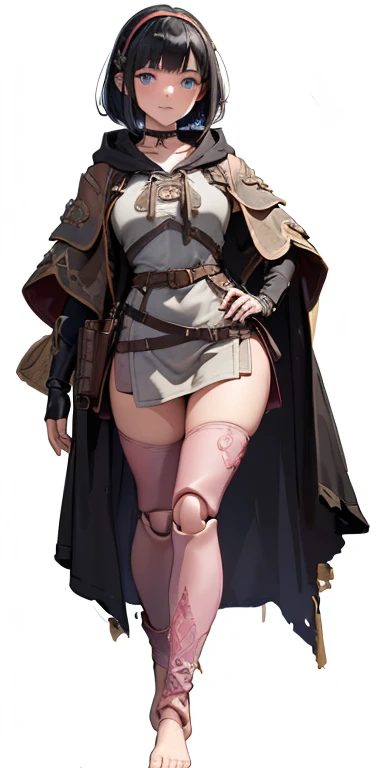 (masterpiece), best quality, female warrior, huge girl, female muscular:1.2, (curvy:1.7), (((blank background))), ((full body)), fingerless gloves, sandals, sleeveless, covered nipples, ((buzzcut hairstyle)), purple hair, hair over eyes, ((very big legs:1.4)), ((camel toe)), (cleavage)