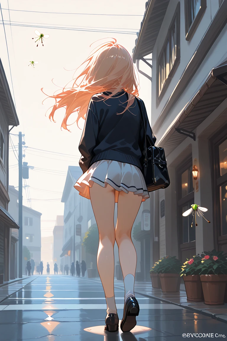 (Beige skirt:1.3)、(pink panties),(intricate panties:1.2),thighhighs,from side,wind,outdoors,,looking afar,looking to the side,