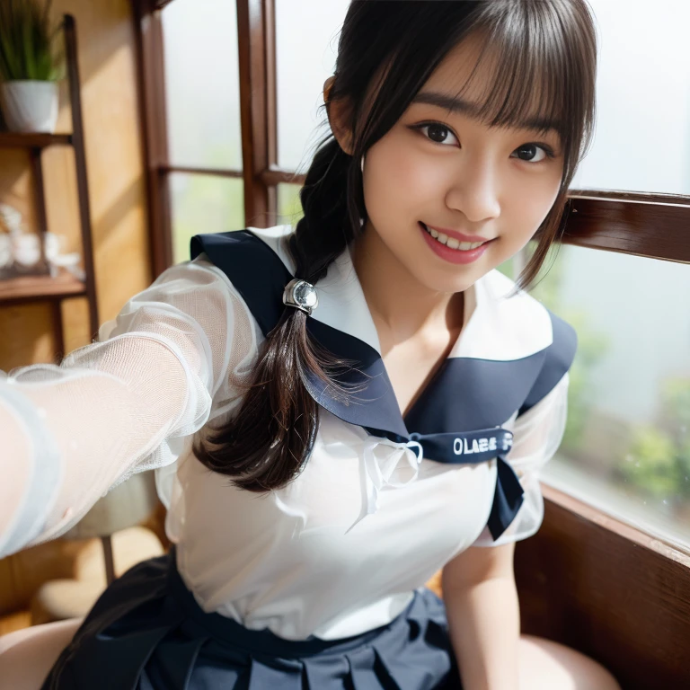 (A gorgeous Japanese idol, age 22 , wearing seifuku, school uniform, sailor moon, jk uniform, high-school uniform, red ribbon, sailor hat, knee high socks, random pose, at a flower shop,

Easygoing expressions, kind smile, dimpled chins, cute snaggle-tooth, short bob hair ponytail, symmetrical face, realistic detailed face, beautiful detailed eyes, perfect body anatomy, hourglass figure, ample round bosoms, huge breasts,

Raw photo, photorealistic, realistic portrait, hyper-realism, high contrast, ultra HD, realistic skin textures, top image quality, top-quality, super high resolution, fine details, very meticulously, masterpiece, medium shot, close-up shot, cowboy shot, High Angle Shot, bokeh background, SFW, Safe For Work)