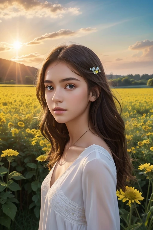 a beautiful young Caucasian woman, décolleté in a field of flowers, with a warm sky in the background, her expression serene and pensive (best quality,8k,highres,masterpiece:1.2),ultra-detailed,realistic,photo-realistic:1. 37,HDR,UHD,studio lighting,ultra-fine painting,sharp focus,physical rendering,extreme detail description,professional,vivid colors,bokeh,portrait,landscape,golden hour lighting,soft warm colors,detailed facial features,long flowing hair,elegant posture,serene expression,delicate flowers,lush greenery
Translated with DeepL.com (free version)