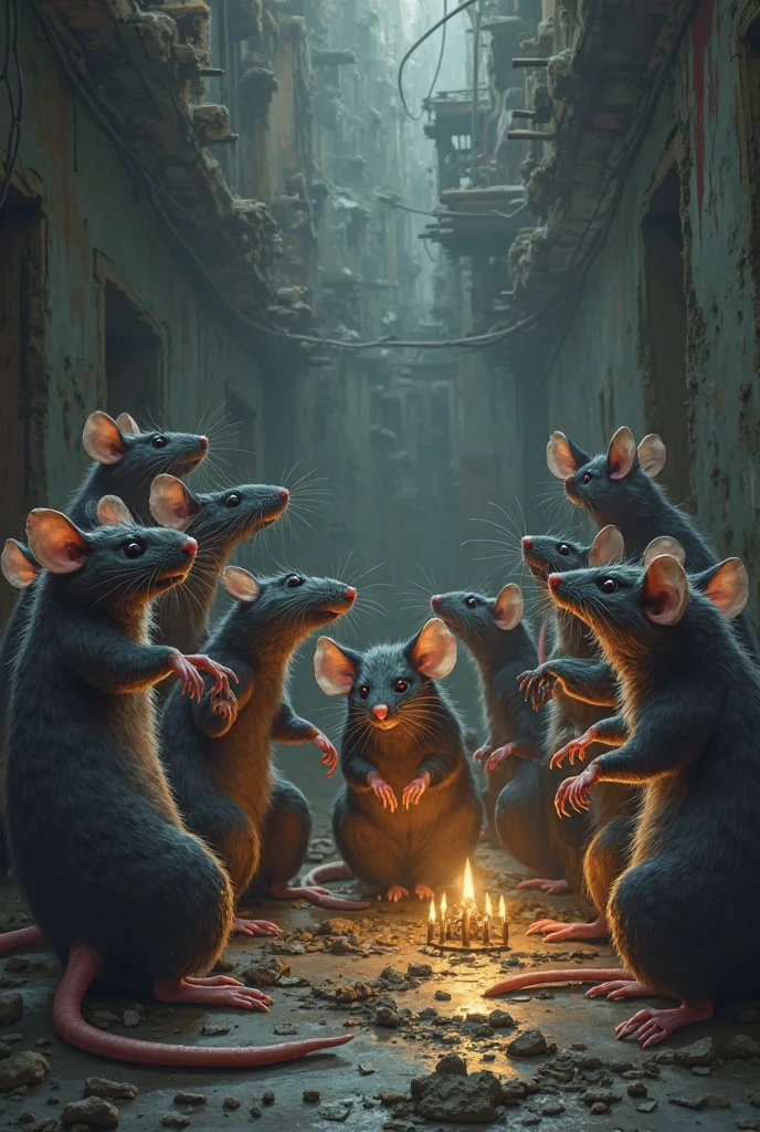 Over the ground blood and ruins. 
Under the ground a rat family celebrating. Two parts are separated.