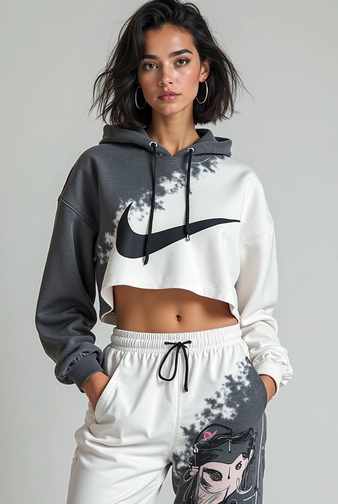 1 girl named Sarah with long blonde gray hair, dyed loose hair, Long hairstyle, perfect detailed face, Detailed symmetrical green eyes with a round iris, Beautiful, Walking and posing, look at the observer, 19-year-old girl, looks like Madison Beer, extremely detailed face, Model, Realistic, Real life, perfect photorealistic picture, Realistic, Curvy Body, hourglass figure, Stunning realistic photography, Detailed fingers, detailed realistic face, Cuddly fingers, real human nails, Extremely attractive girl, perfect detailed tan, small eyes, perfectly detailed face with realistic complexion and fine-pore skin, small nose, Model, Perfect posture, Natural limbs, long legs, detailed symmetrical eyeballs, symmetric eyes, Realistic eyeballs, Realistic detailed eyes, cute plump closed lips, makeup, no long neck, no long waist, Perfect proportional body, seductive gaze, Looking in the direction of the viewer, Fascinating facial features, ah high, two arms, Two legs, one head, tiny breasts, realistic natural bodies, realistic shadows, Mystical Illumination, 8K, UHD, ((body facing the viewer, pointing to the camera)), "wide-angle", Full-body shot, full pose, photo studio white background, seduce a little, Cinematic world, Cover photo centered Hipereallistic, Stunning full-color, Cinematic, neoprene, behance contest winner, portraite of a, presented at UnsplasH, stylized digital art, Smooth, extra high resolution, Wearing an oversized white T-shirt and black Acronym J36-S sweatpants. (T-shirt only white), black and white sneakers, instagram model, 80mm , Urban streetwear , Realistic,round ass