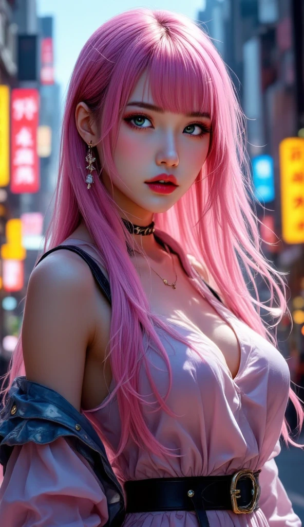 1girl, upper body, glittering turtleneck sweater, glitter dust, detailed face, looking at viewer, detailed lips, gigantic breasts, long smooth hair, intricate opulent earring, snug cropped jacket, open jacket, high-end materials, blurry background, bokeh, highest quality, masterpiece, blonde, shining eyes, sparkling eyes, steampunk style, light clothing, pink clothing, pink hair,