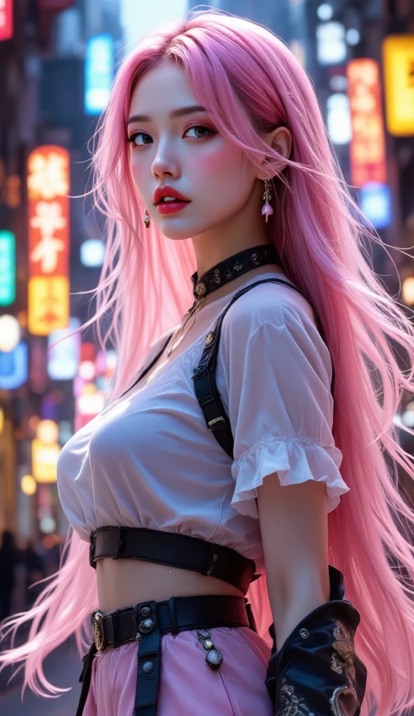 Optimal,masterpiece,High resolution,Highest quality,Hyper HD,Very detailed,Award-winning,16K,alone,(Upper Body),Correct Anatomy,Beautiful Cyberpunk Girl,Cowboy Shot、Cute Face,,Pink Hair、Long Hair、, Hairline,((Scarlet Eyes)),Long eyelashes,Drooping eye corners,White skin,Shoot from the side, ((See-through camisole:1.5)), rocket , (Because I'thin),