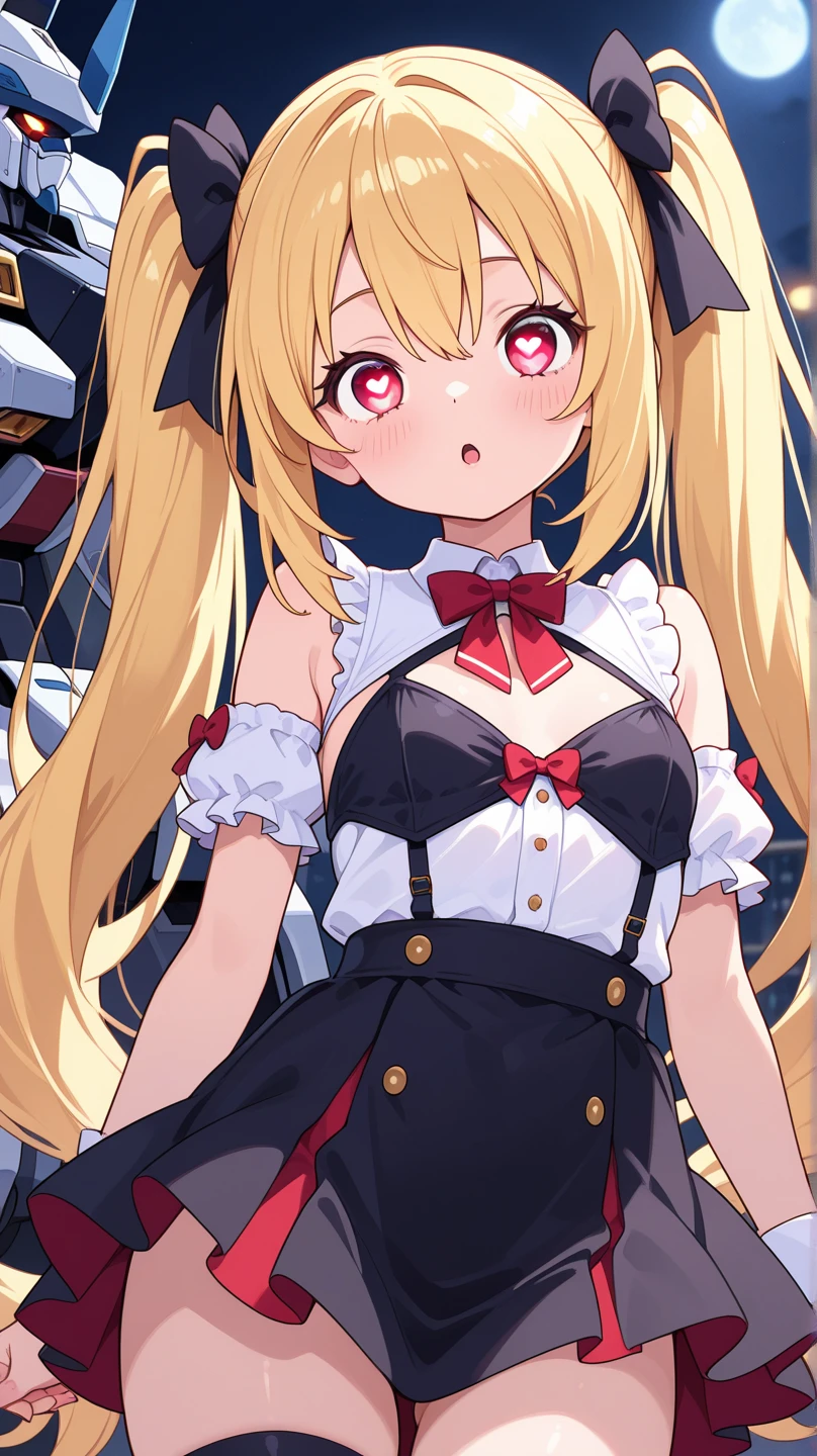 (One girl)、(medium length hair)、(sidelock)、((Blonde))、(slan eyes)、（boyish）、Prinz Eugen、(Big super breasts)、((Chubby))、Maid、No sleeve、mini skirt、White sleeveless、thigh-high socks thighhighs、(long gloves)、hairs between eyes、(coarse hair)、[flipped hair]、pink eye、expressionless、one eye closed、arm behind back、two side up、White Background、