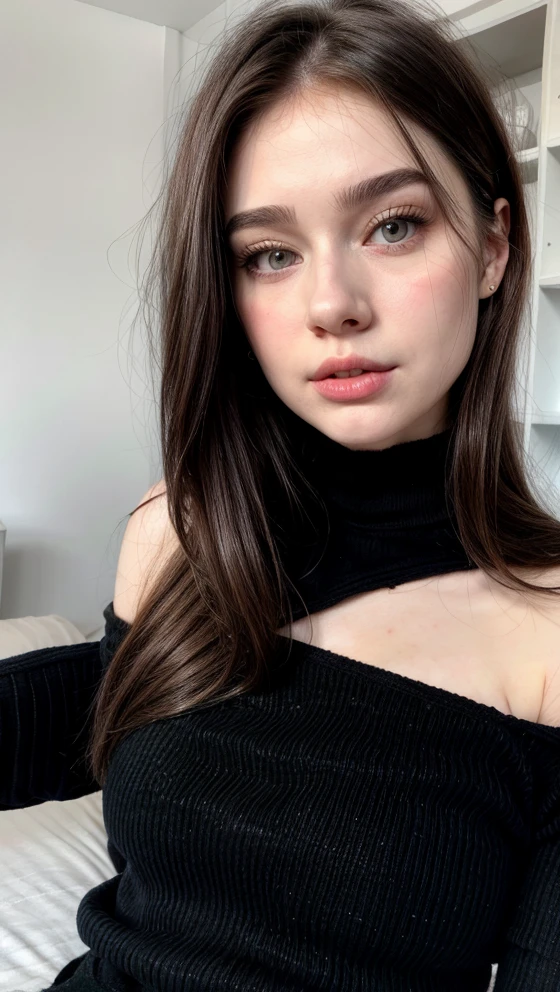 Selfie, Ultrarealistic, pretty face, pale skin, dark brown hair, wearing a black top, (selfy with front camera), upper body, in her bedroom