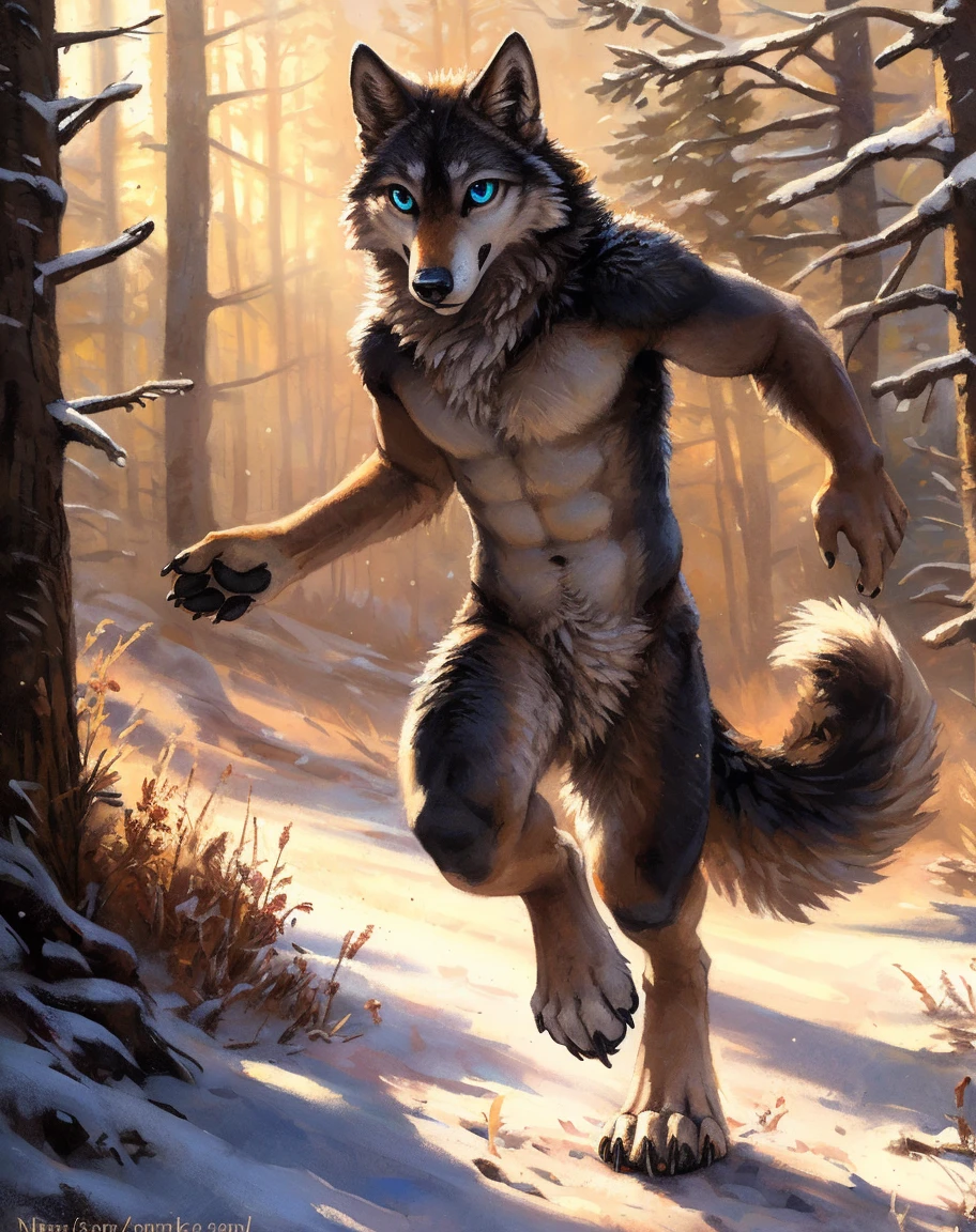 ((Solo)), male people, anthro wolf, (Multi-colored fur, White-brown:1.3，White tail pointed), (Height 2.1m,Tail length 1.5m), ((Wolf face, Big eyes, White eyelids, Blue pupil, Slim:1.2) (Tough, Calm expression:1.2)), Abs, Slim, pinging)), (Correct anatomy), Naked all over the body,A long big tail，Feet，(Realistic fur, Detailed fur texture, labeled:1.3)), (Natural lighting), Photorealistic, Hyperrealistic, ultradetailed, by Kenket，Snowfield，No artifacts, Running on