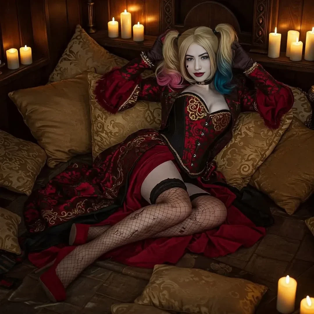 realistic, photorealistic, hyper-detailed, 1girl, Harley Quinn, beautiful detailed eyes, beautiful detailed lips, extremely detailed face, long eyelashes, crazy makeup, sexy small outfit, guns, pet hyenas, posing crazy and sexy, Joker themed throne, Fun House of Death, fantasy, dark, dramatic lighting, moody atmosphere, vivid colors, cinematic composition, intricate details, highly polished, digital art