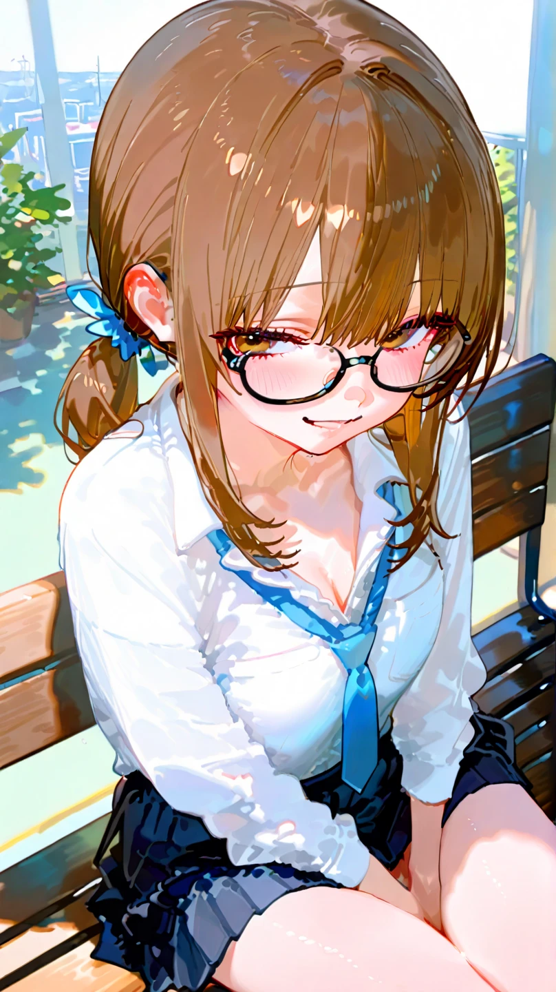 ((Lace panties)),((high school girl)),((school uniform)),((White blouse)),(((Pleated mini skirt))), ((A shy smile)),((Beautiful legs)),((Beautiful feet)),((squat)),Ultra-high resolution, Mature Woman, Mature Woman, Very detailed, ((Small breasts)), Perfect hands, Detailed fingers, Beautiful details, (((Glasses))),((Long black hair)),((Twin tails)),Black choker, Earrings,loafers,(Black Pantyhose), (Black Stockings),Perfect Eyes, Seductive eyes, School stairs,